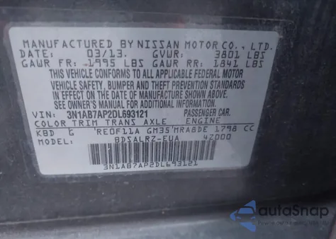 2013 Nissan Sentra Sr from USA, damaged, VIN 3N1AB7AP2DL693121